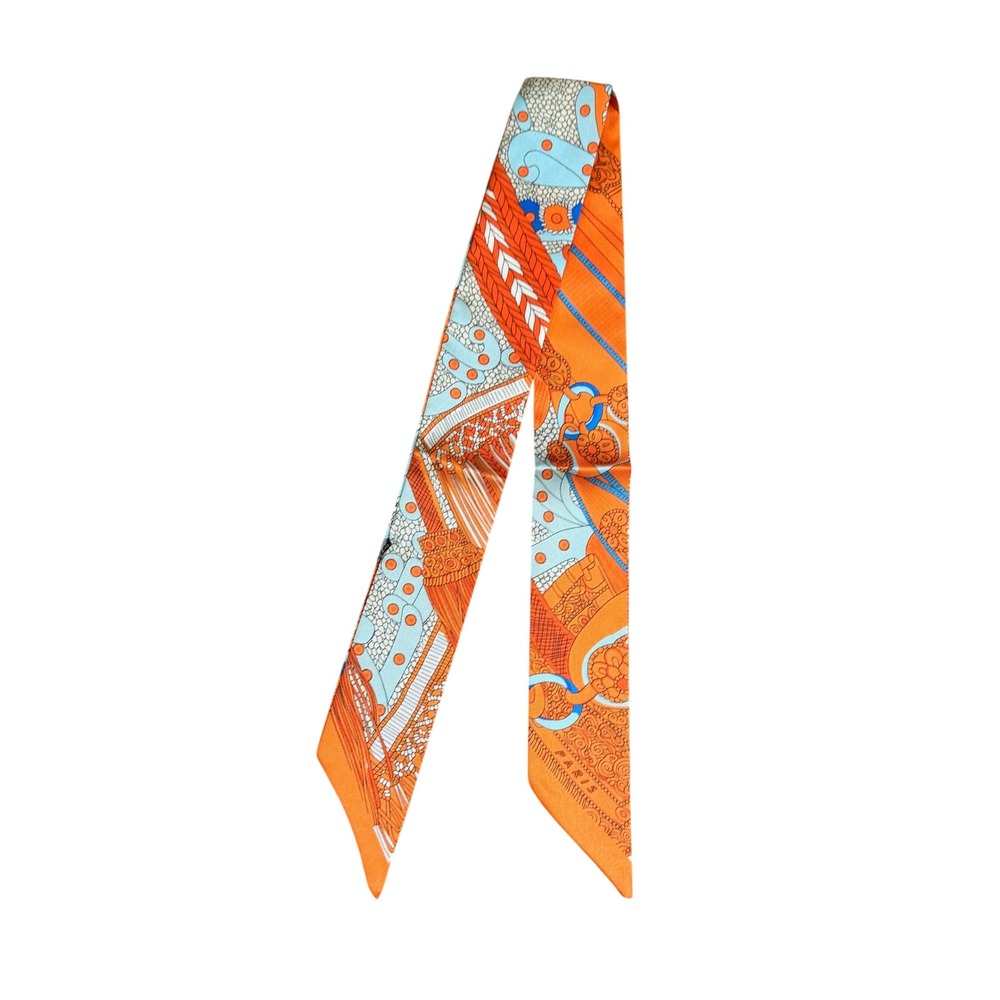 Orange Equestrian Print Twilly Style Ribbon Scarf Handbag Accessory